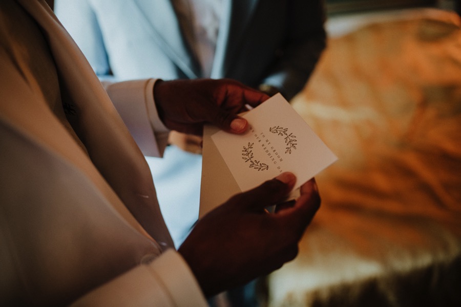 detail of a message from the bride to the groom before a wedding