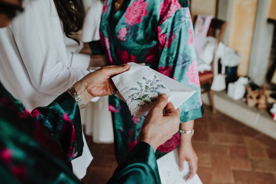 detail of handmade wedding handkerchiefs