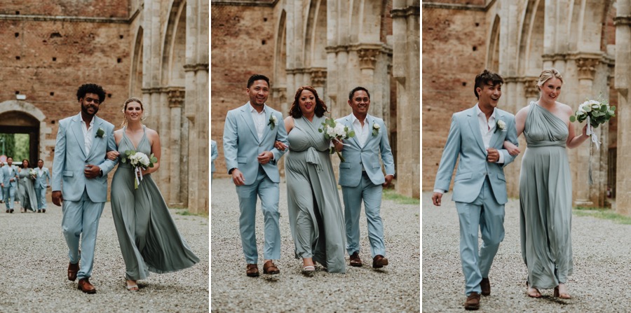 best men and bridesmaids entering San Galgano