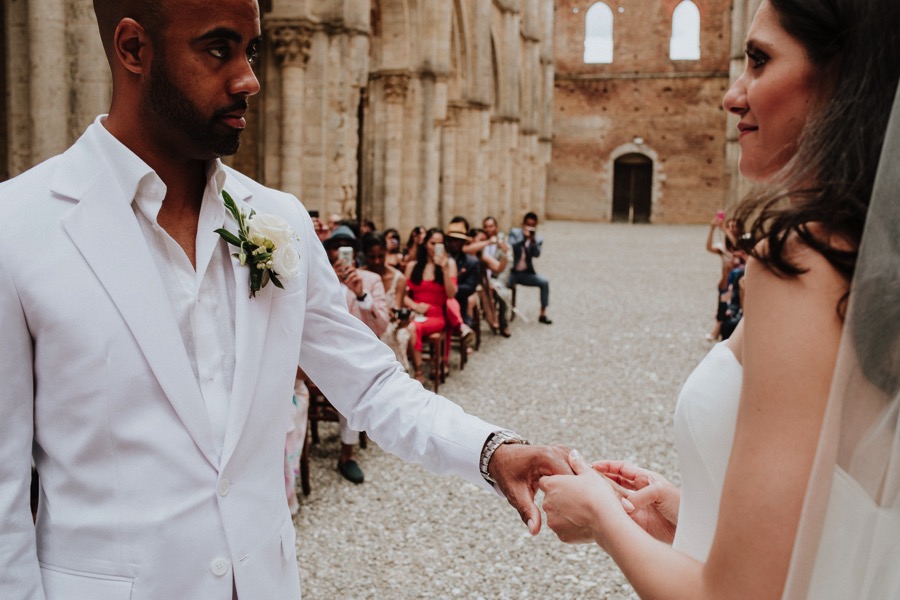 bride and groom looking at each other