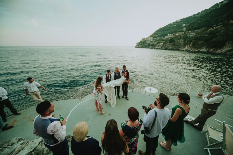 wide view of Amalfitan coast while shooting wedding group portraits