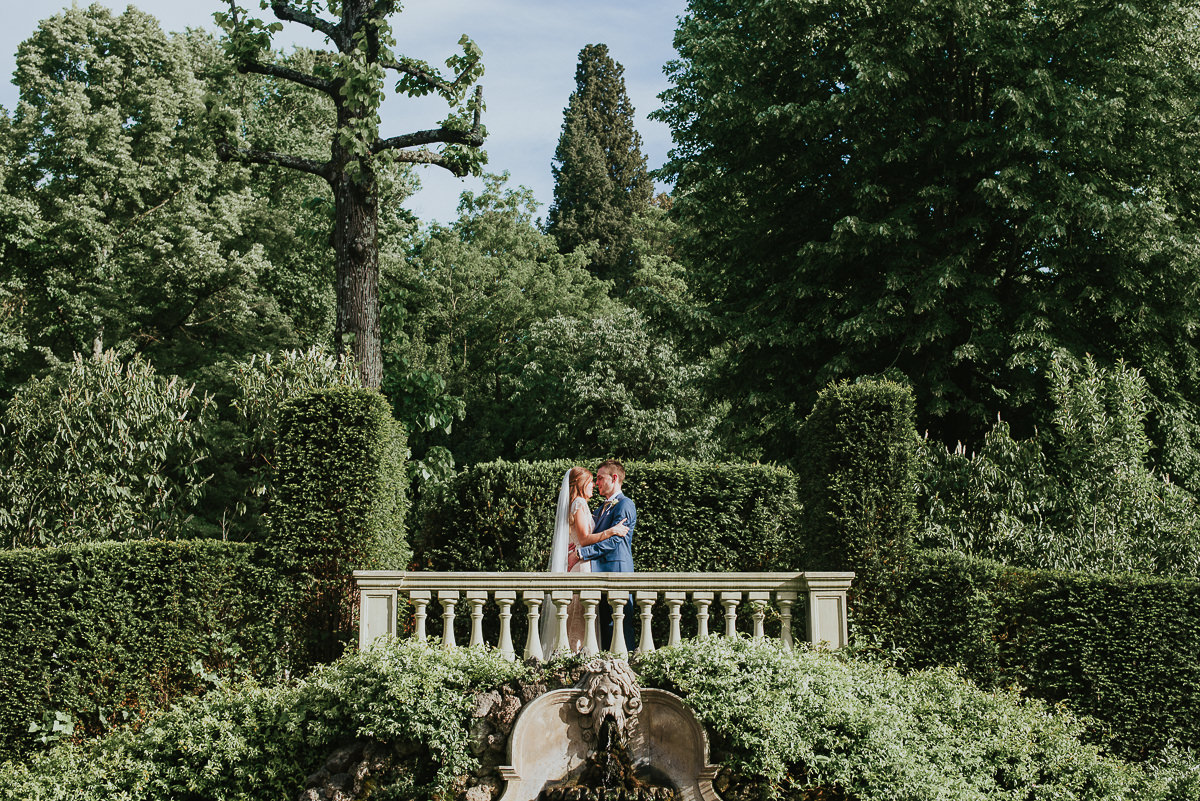 bride and groom newlyweds portrait in the gardens of Villa Cora