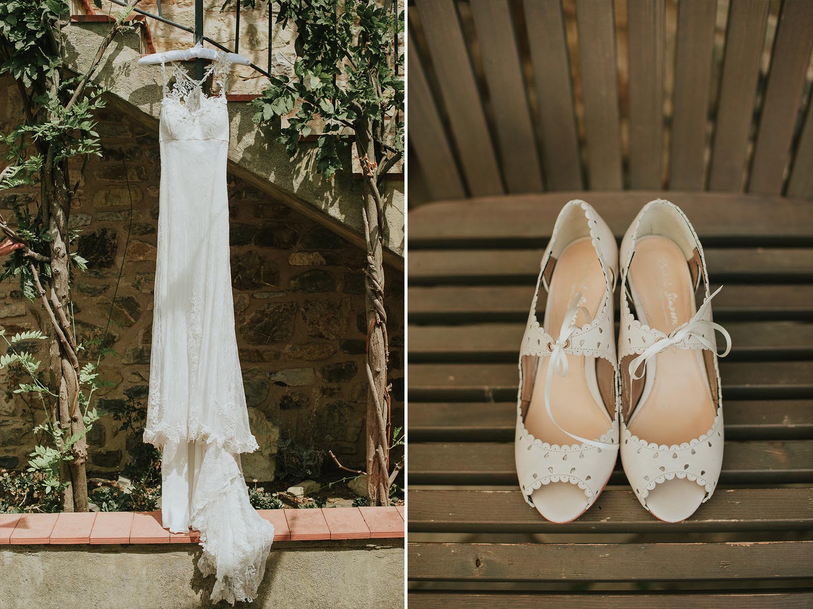 White wedding dress and ivory shoes