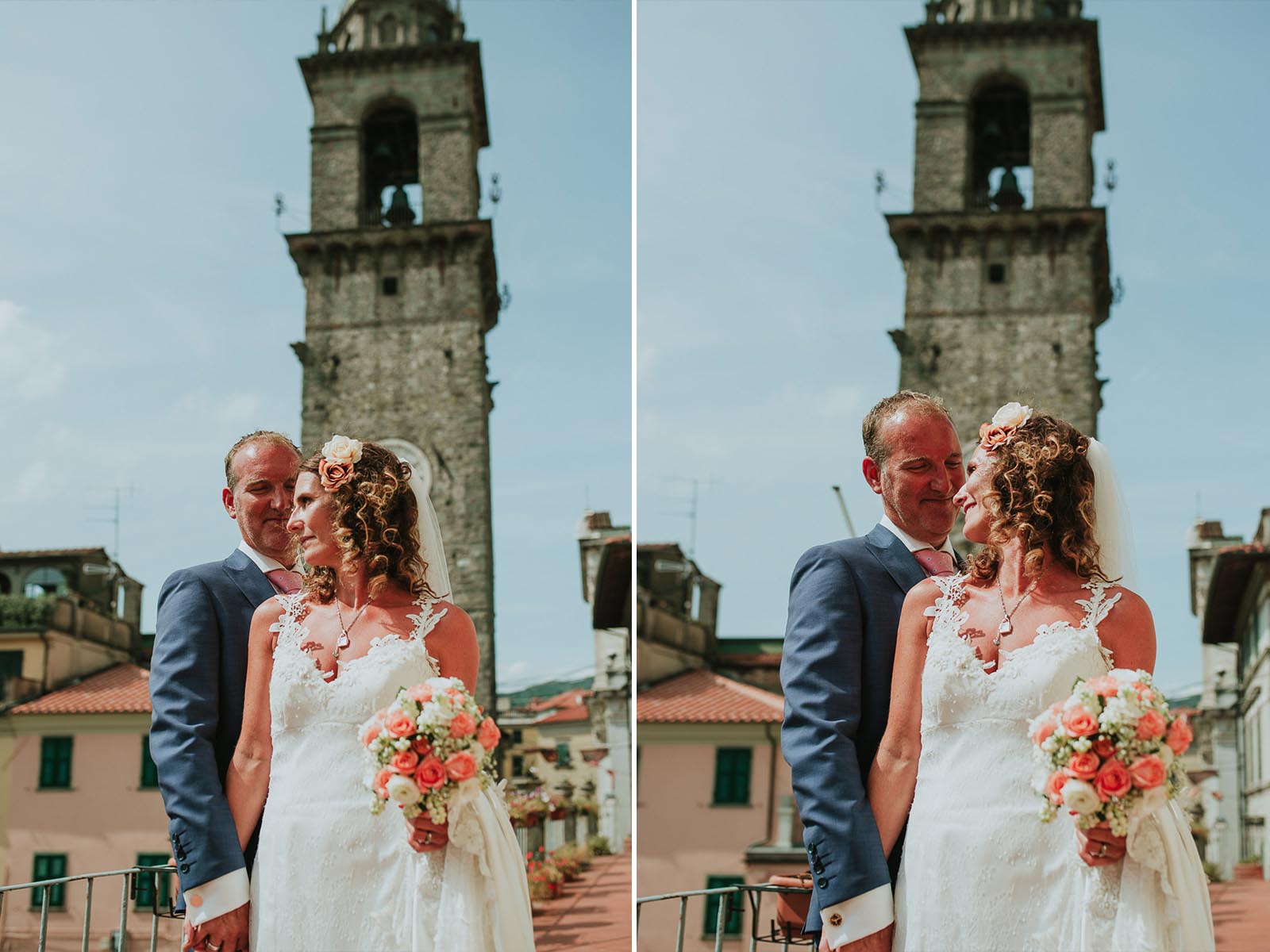 bride and groom portrait with Pontremoli bell tower in the background 