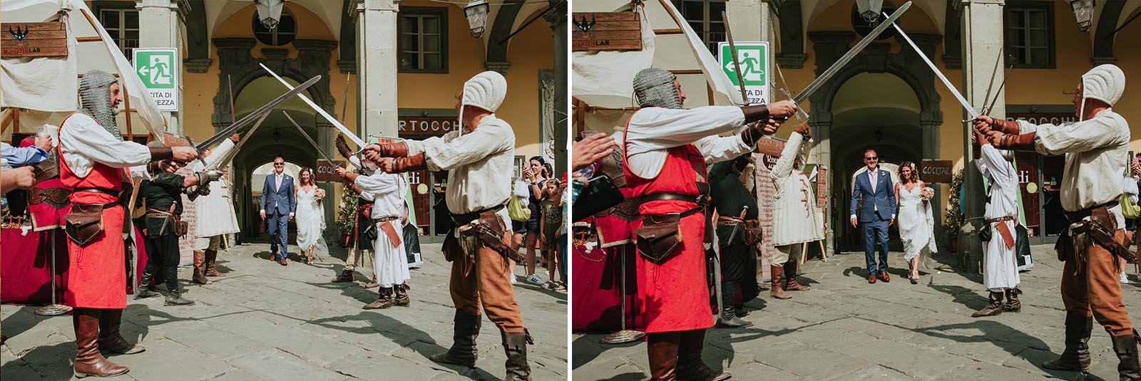 bride and groom walking down the aisle during a medieval historical commemoration
